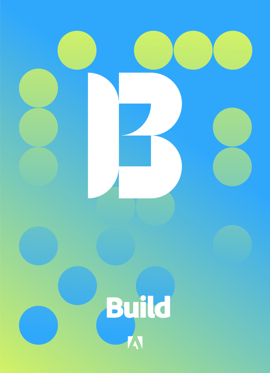 Adobe Build featuring refreshed Adobe Consonant branding with bright green and blue background.