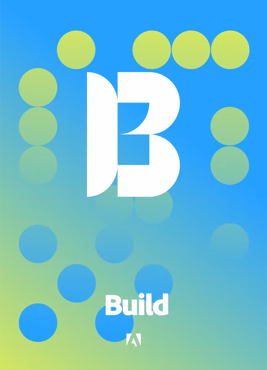 Adobe Build featuring refreshed Adobe Consonant branding with bright green and blue background.