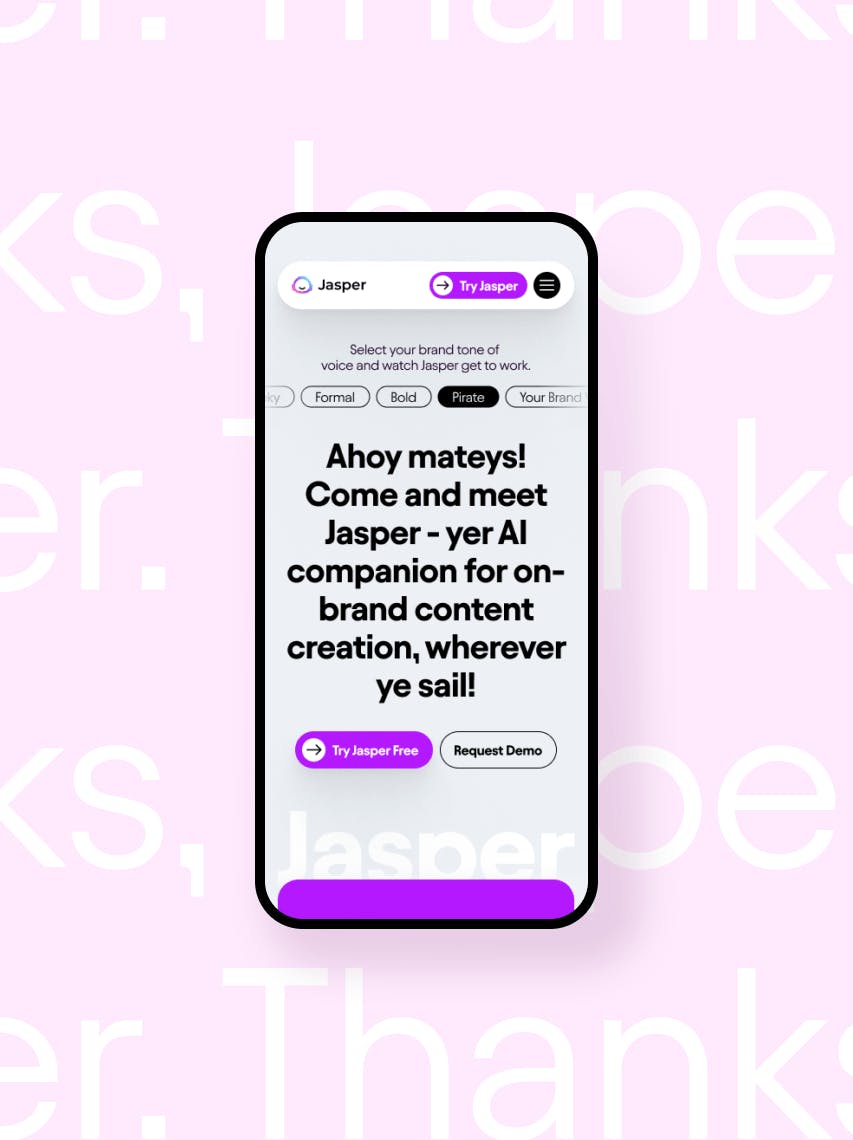 Jasper website design shown on a mobile device with a baby pink background that reads "thanks jasper"