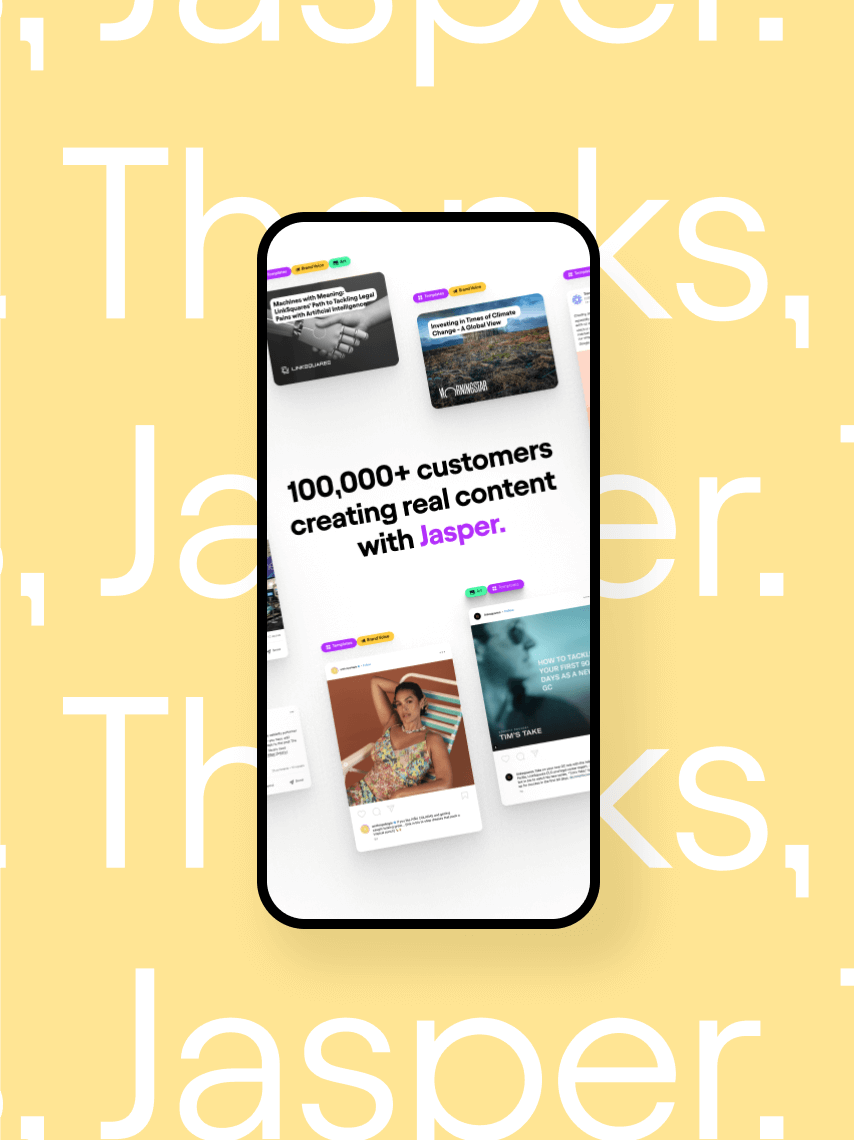 Jasper AI website featured on mobile device reading 100,00+ customers creating real content with Jasper.