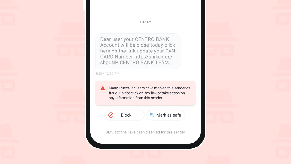 The image illustrates that SMS threads are initially disabled and prompts Truecaller users to verify them.