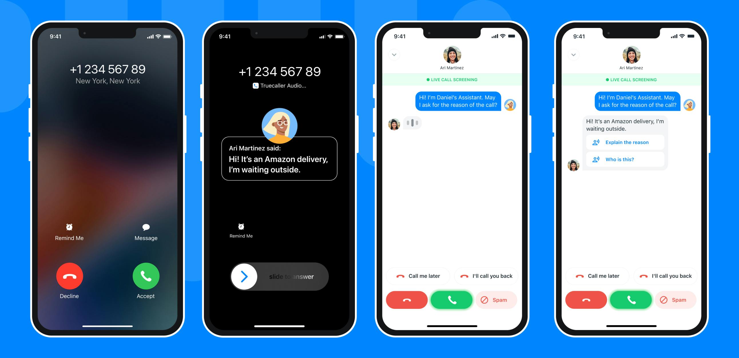 Screens showcasing how Truecaller Assistant works on your phone