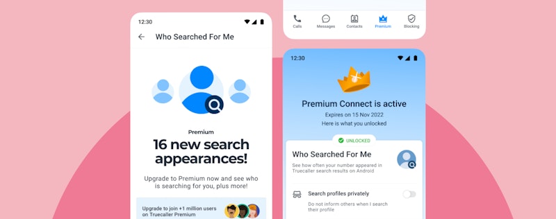 Two screens showing the Truecaller premium tab and a promo for the "Who Searched For Me" feature