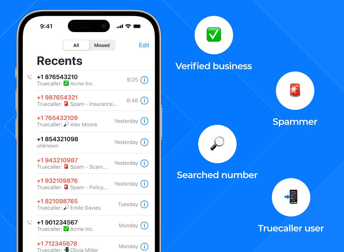 Truecaller Call Log Icons. Verified Business, Spammer, Searched number, Truecaller user.