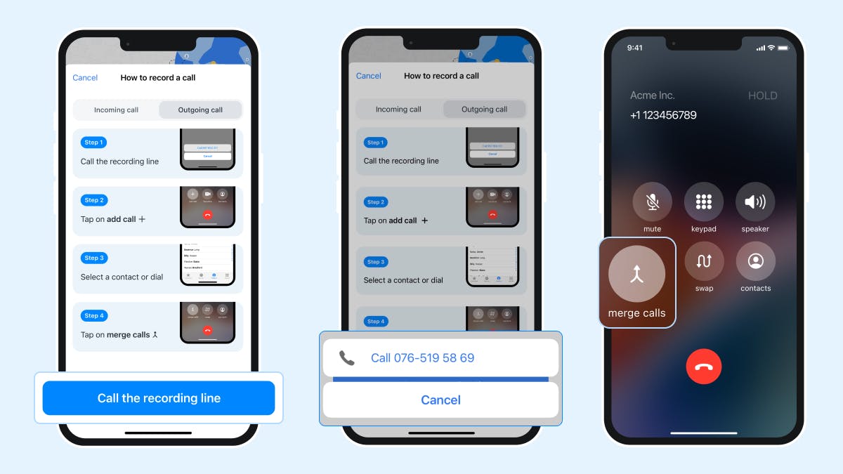 Image shows the step-by-step process of how to start recording an outgoing call using the Truecaller app