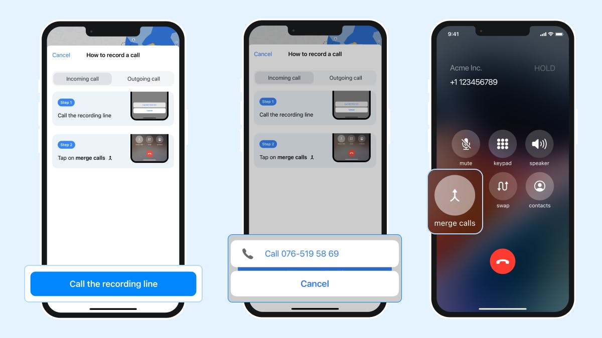 Image shows the step-by-step process of how to start recording an incoming using the Truecaller app