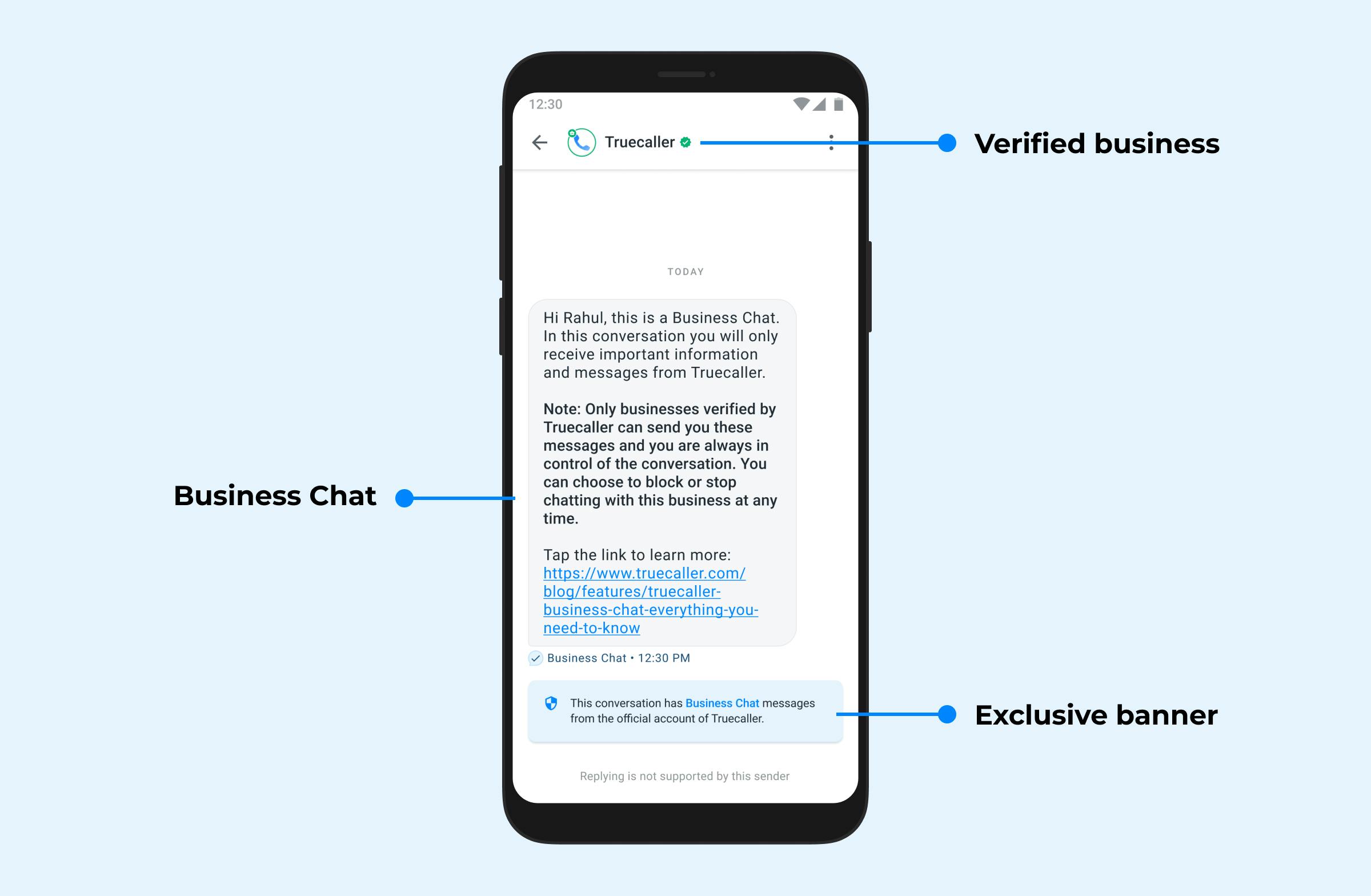 Phone screen with text highlighting three components of the Truecaller Business Chat feature - verified business at the top, the actual business chat message and an exclusive banner at the bottom verifying that the message is from the official truecaller account.