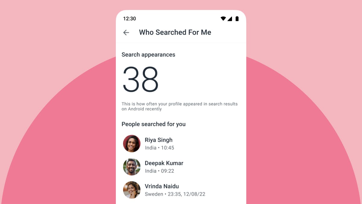 phone screen showing the "Who Searched For Me" feature with 38 search apperances and a list of people who has searched for you.