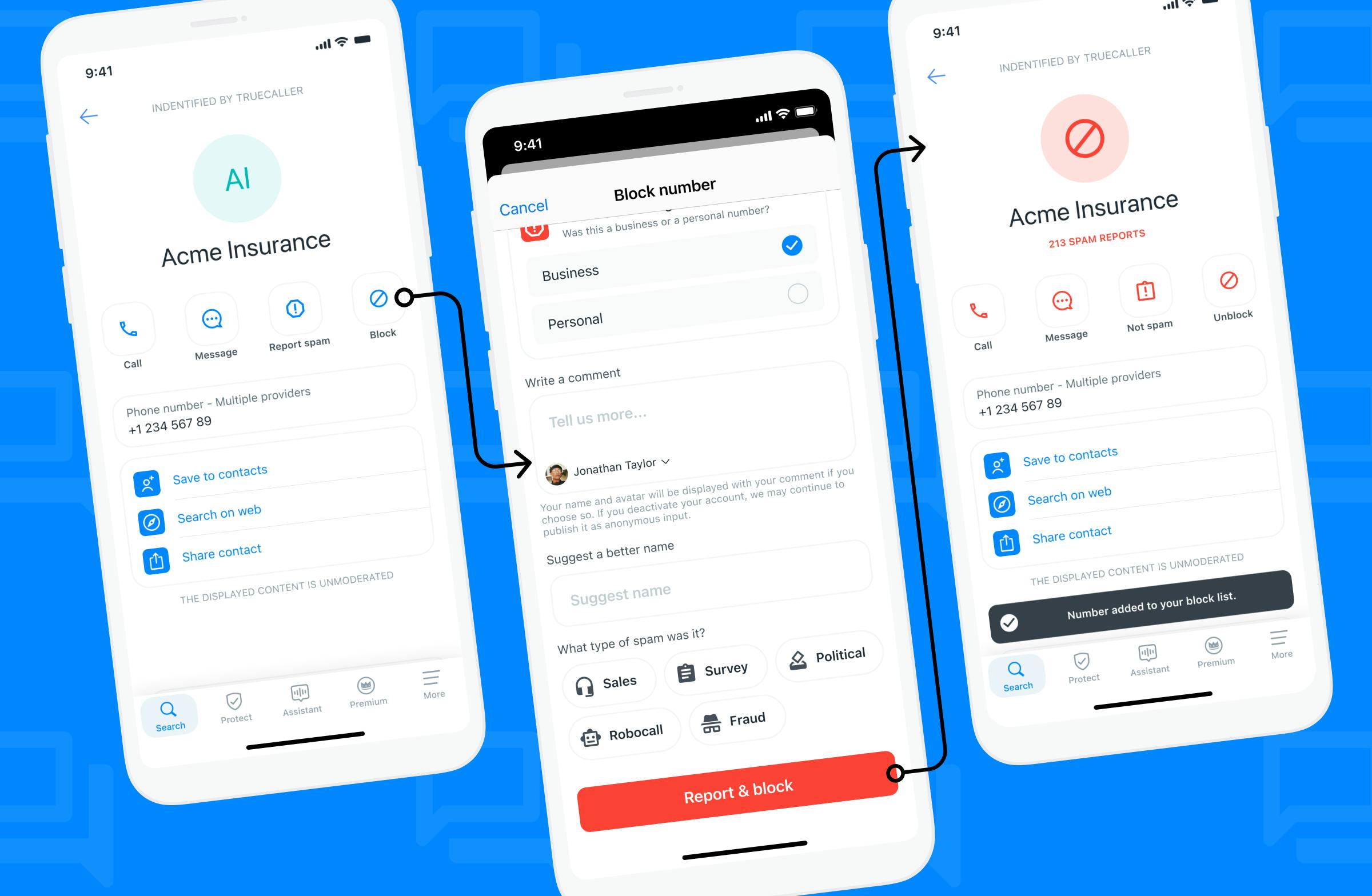 Illustration demonstrating the steps to add a comment on Truecaller app: 1. Open caller details, 2. Click on 'Block' (optional), 3. Comment section appears.