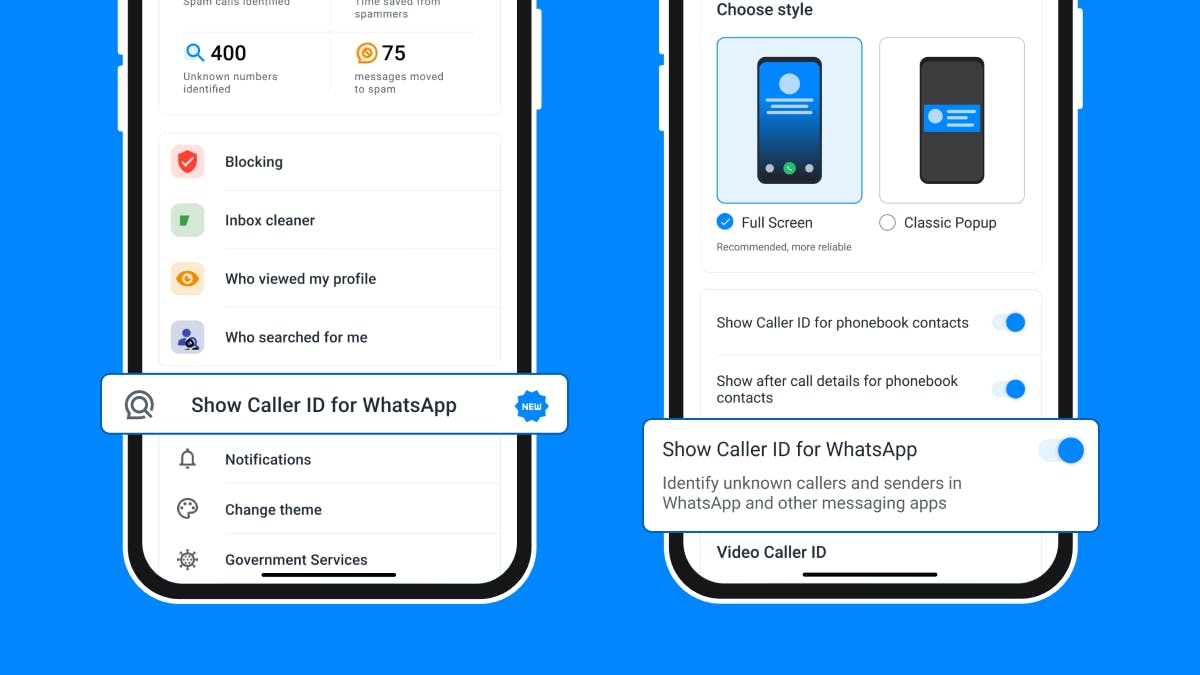 Truecaller app settings page with the Caller ID for third-party messaging app setting highlighted.