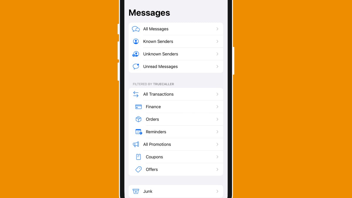 Image displays the latest SMS filtering categories for iPhone.