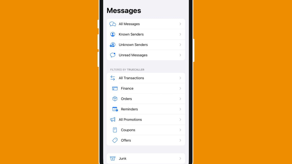 Image displays the latest SMS filtering categories for iPhone.