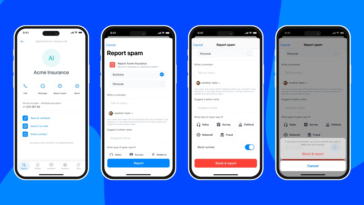 Screens showcasing how to report spam in the Truecaller app.
