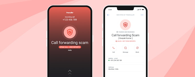 Two phone screens on a background showcasing how the call forwarding scam works