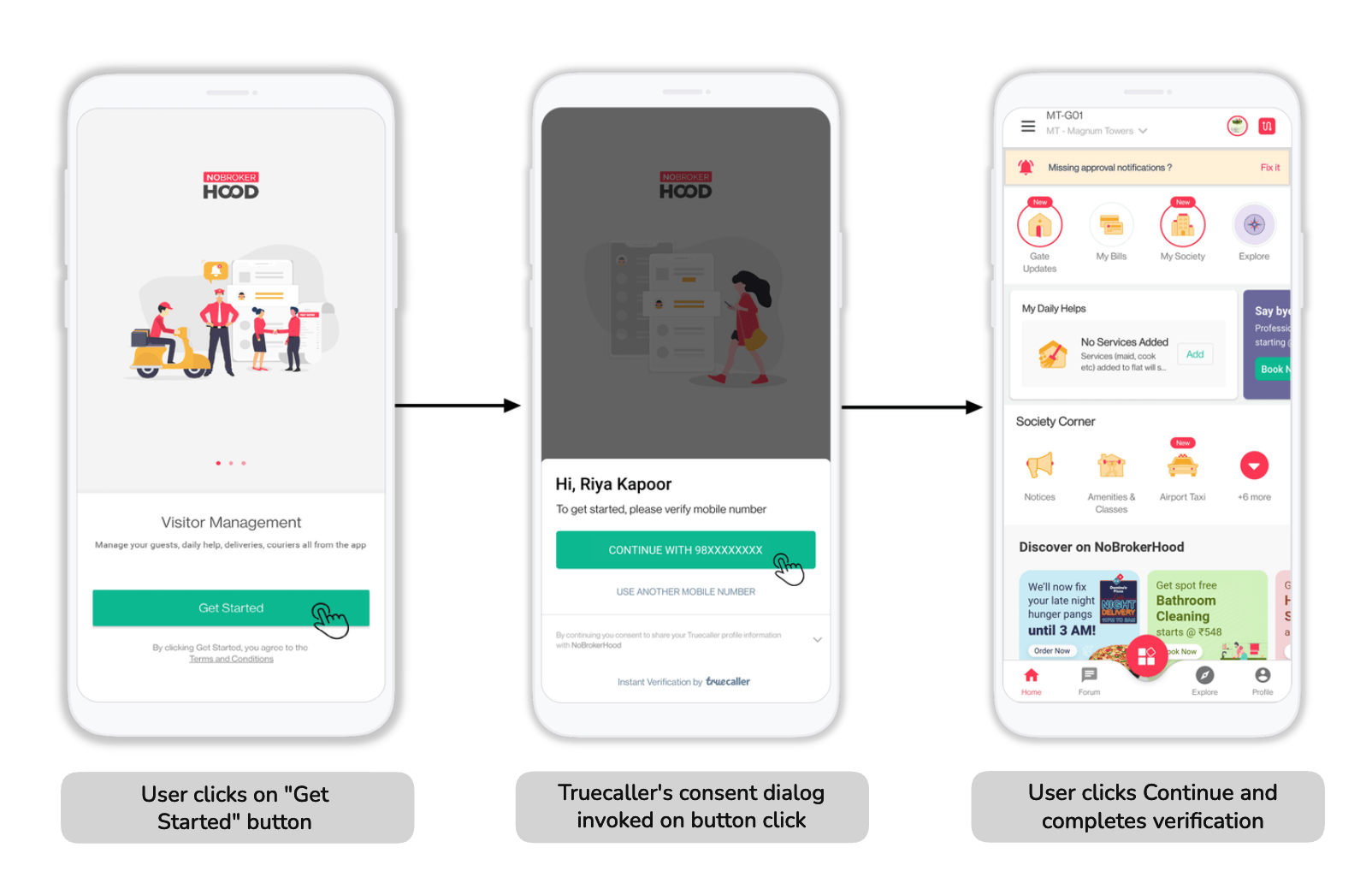 Example of Invoking user signup/login/verification via Truecaller 1-tap SDK in NoBroker app - India’s leading realty app