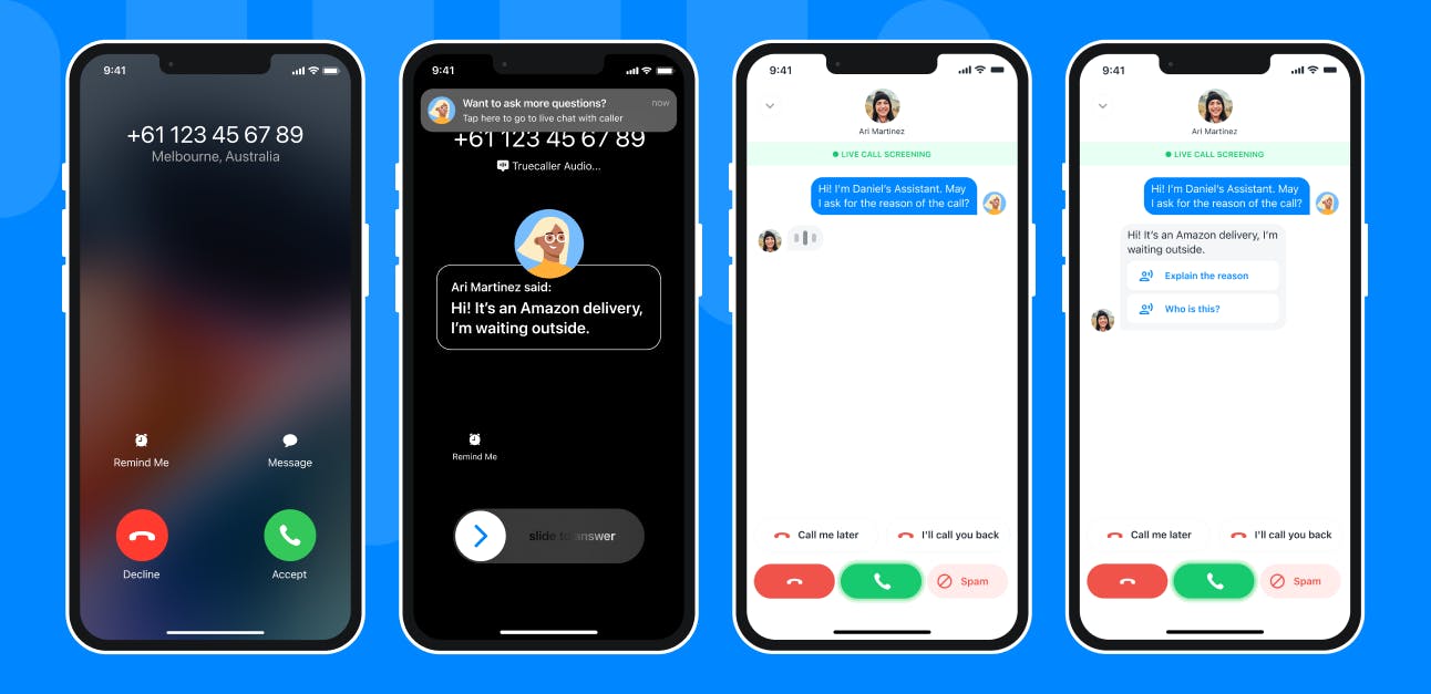 Screens showing how the flow of Truecaller Assistant works on your phone