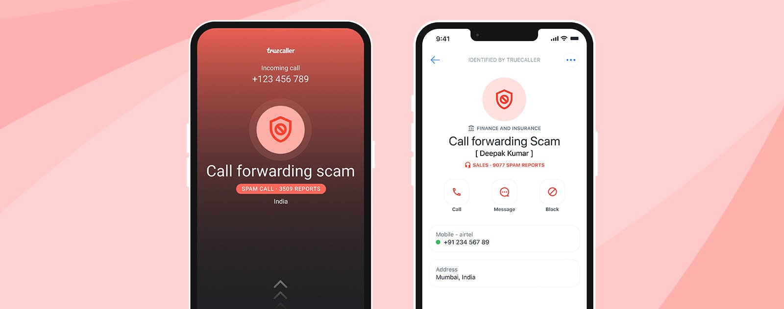 Two phone screens on a background showcasing how the call forwarding scam works