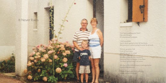 Album liner artowkr & lyrics for It Never Rains. A family stands outside a house next to a large plant.