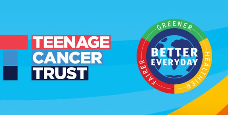 Teenage Cancer trust site banner that includes Aldi logo reading: greener, healthier, and fairer, better everyday.