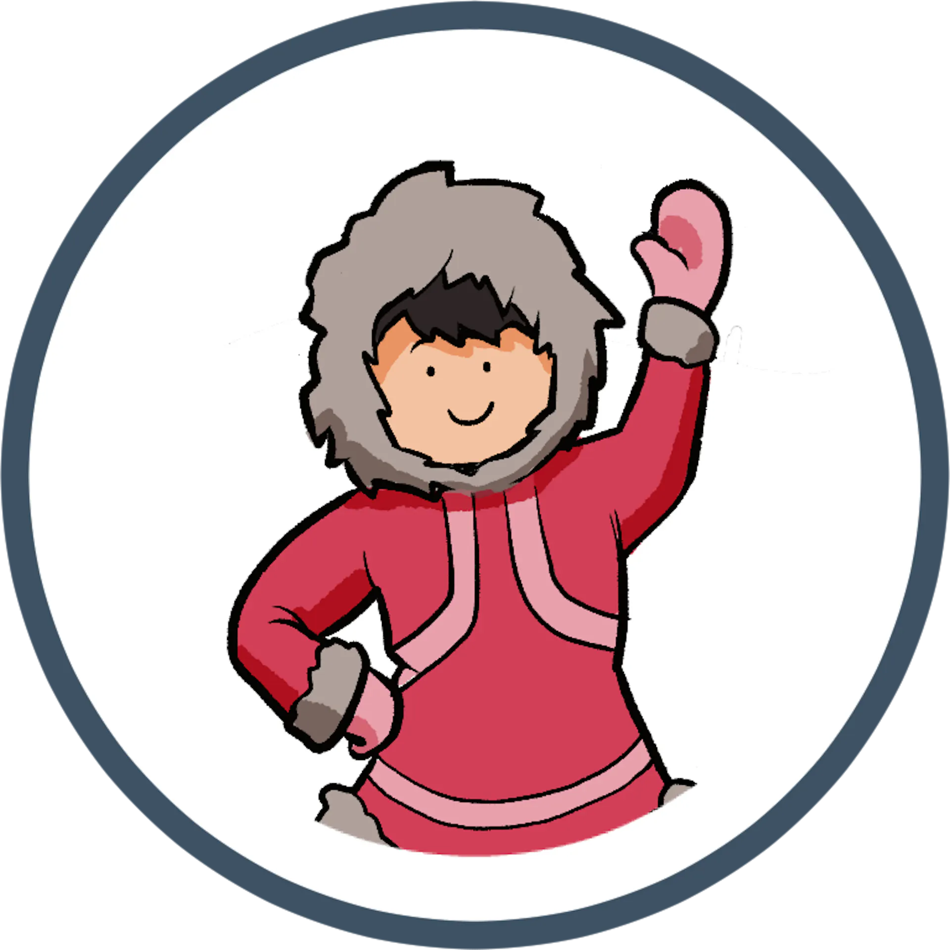  Illustration of a person in a red winter coat with a hood and pink mitten, waving.