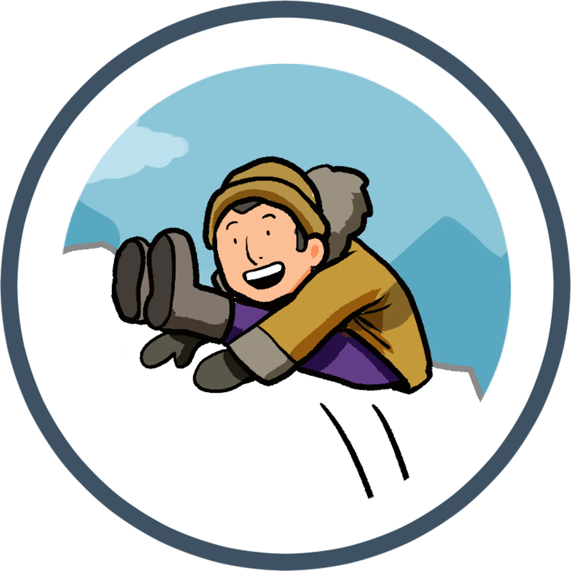 Illustration of a person in winter clothing sledding down a snowy hill with mountains in the background.