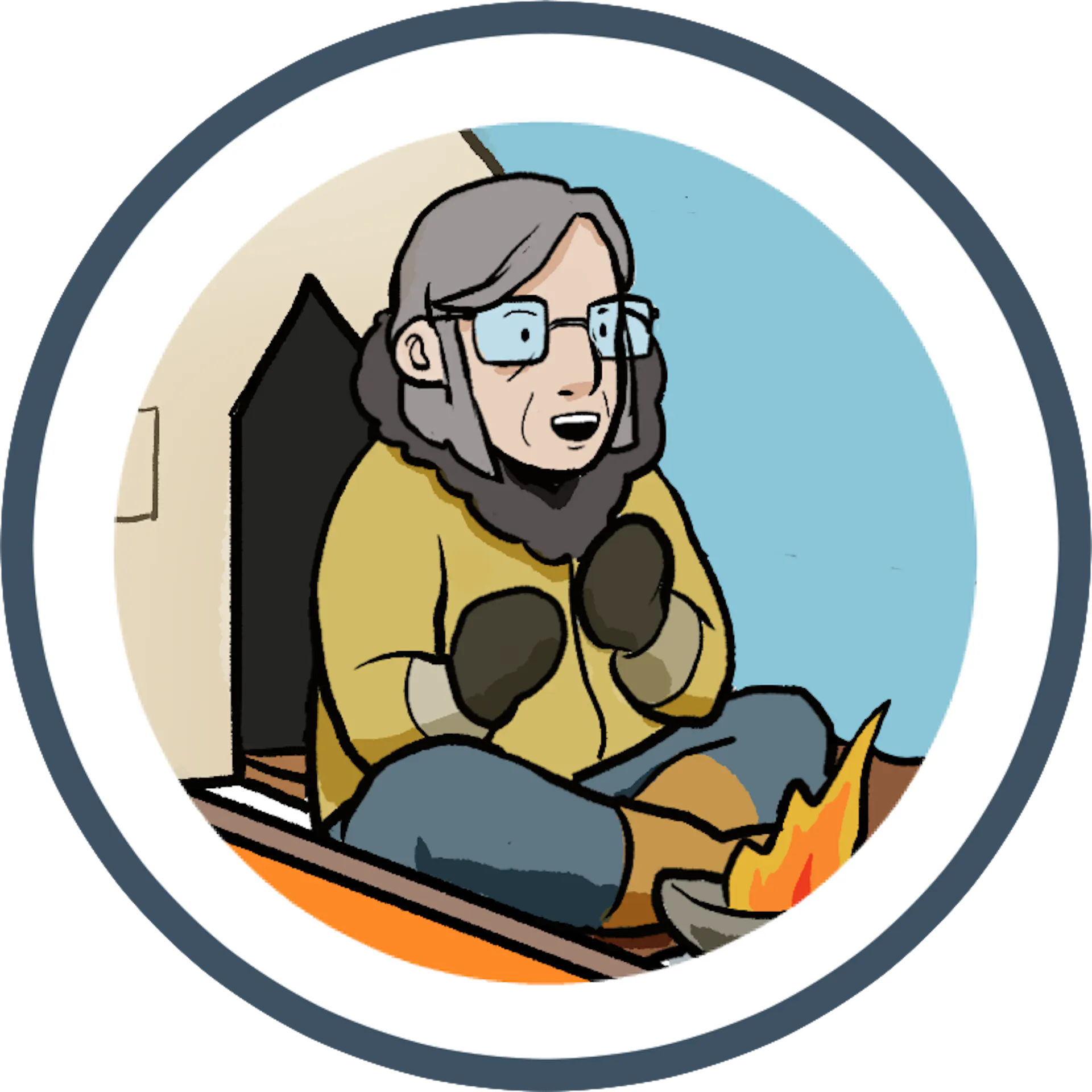 A cozy illustration of a person in winter attire sitting by a warm fire inside a cabin, surrounded by a serene, blue backdrop.