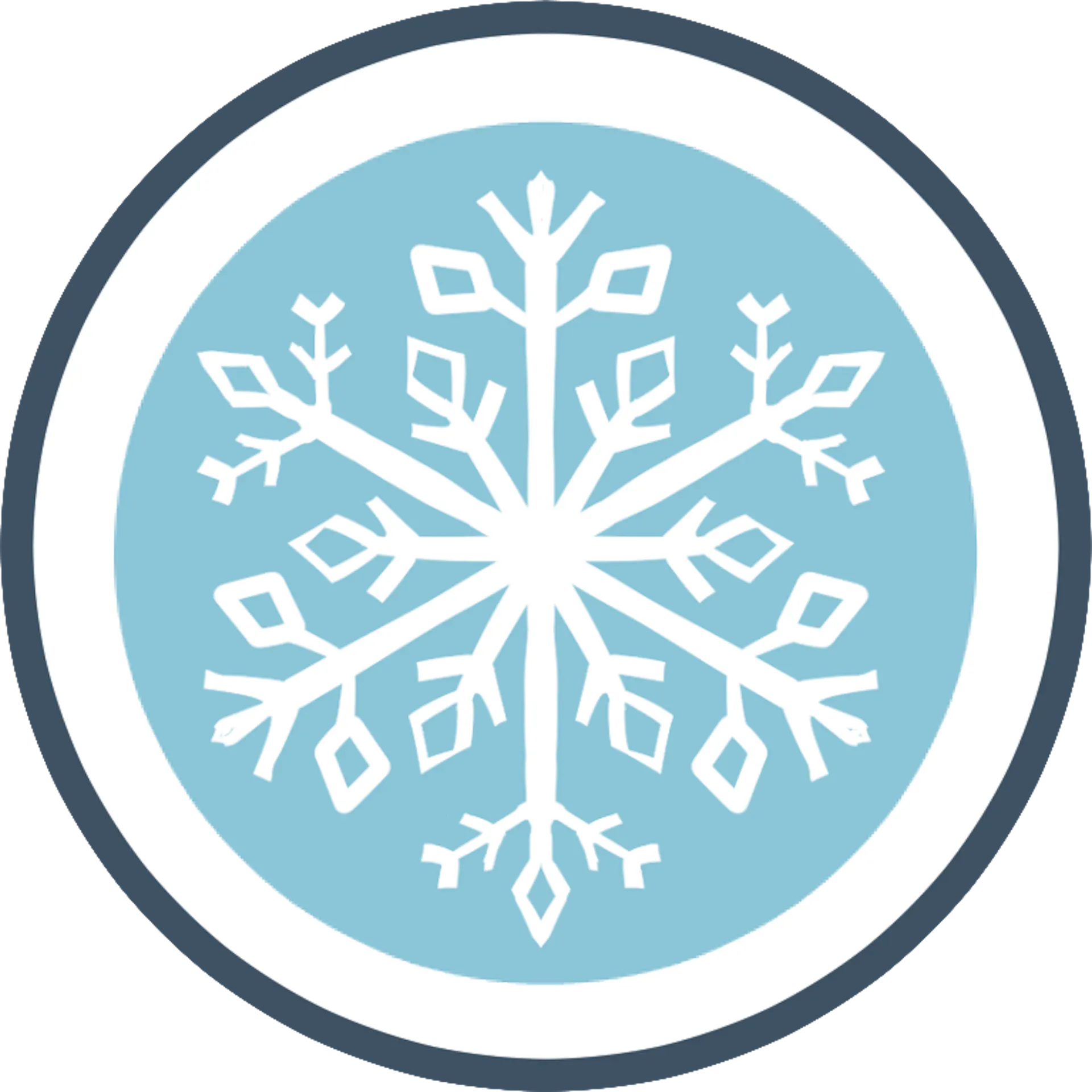 Stylized snowflake design in white, centered on a light blue circular background with a dark outer ring.