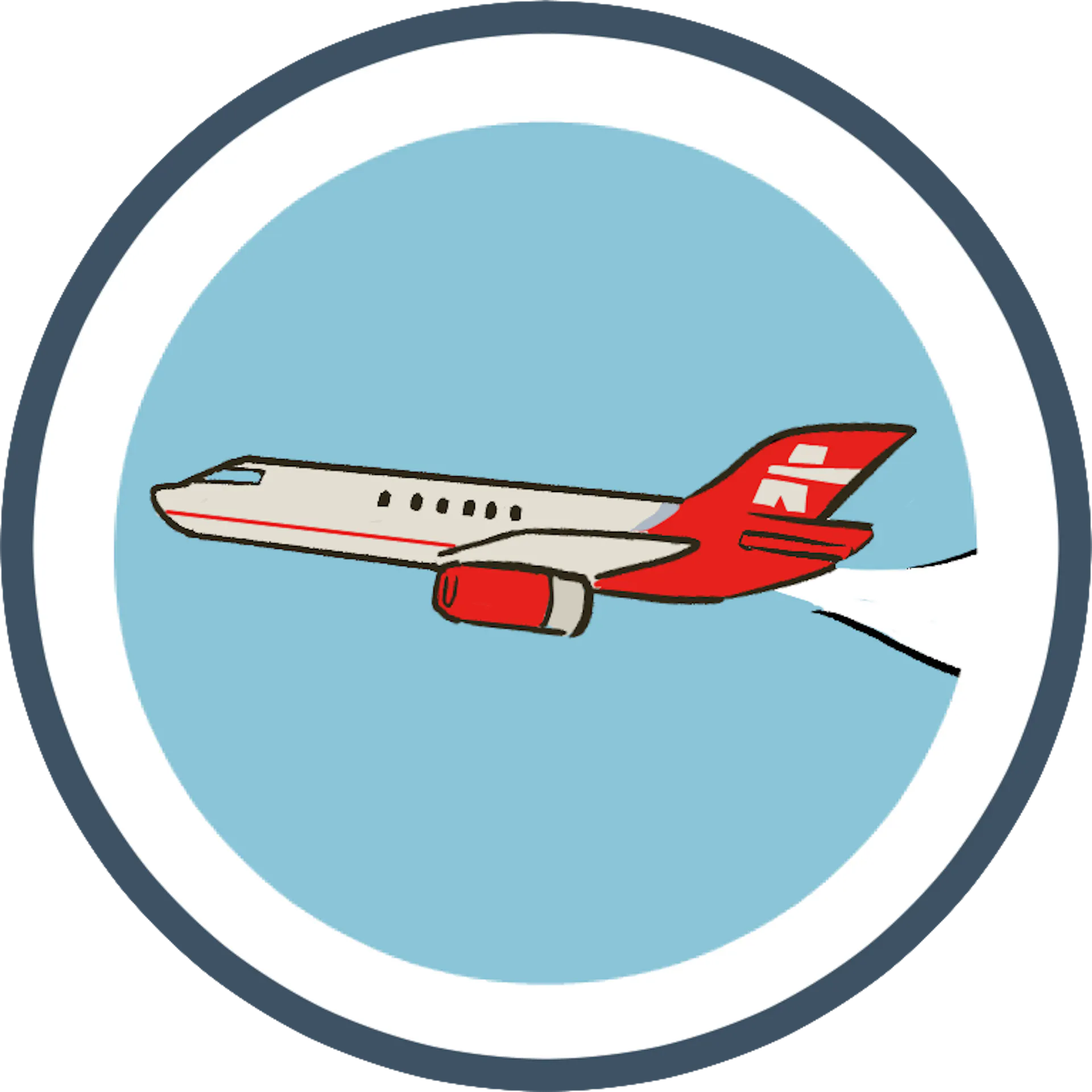 Illustration of a red and white airplane flying through a blue sky, captured in a circular frame.