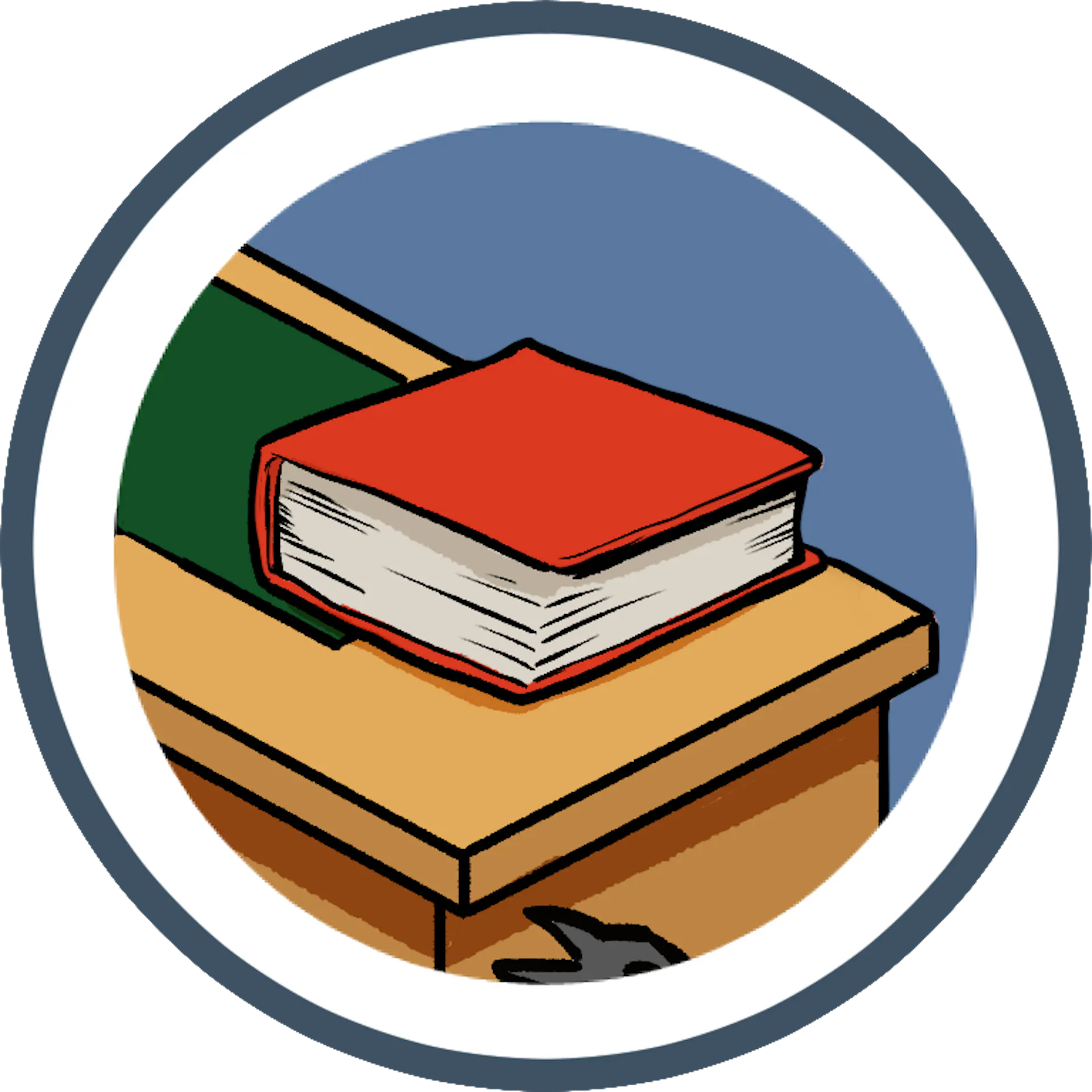 An illustration of a red book lies on a wooden desk with a green surface, against a light blue background.