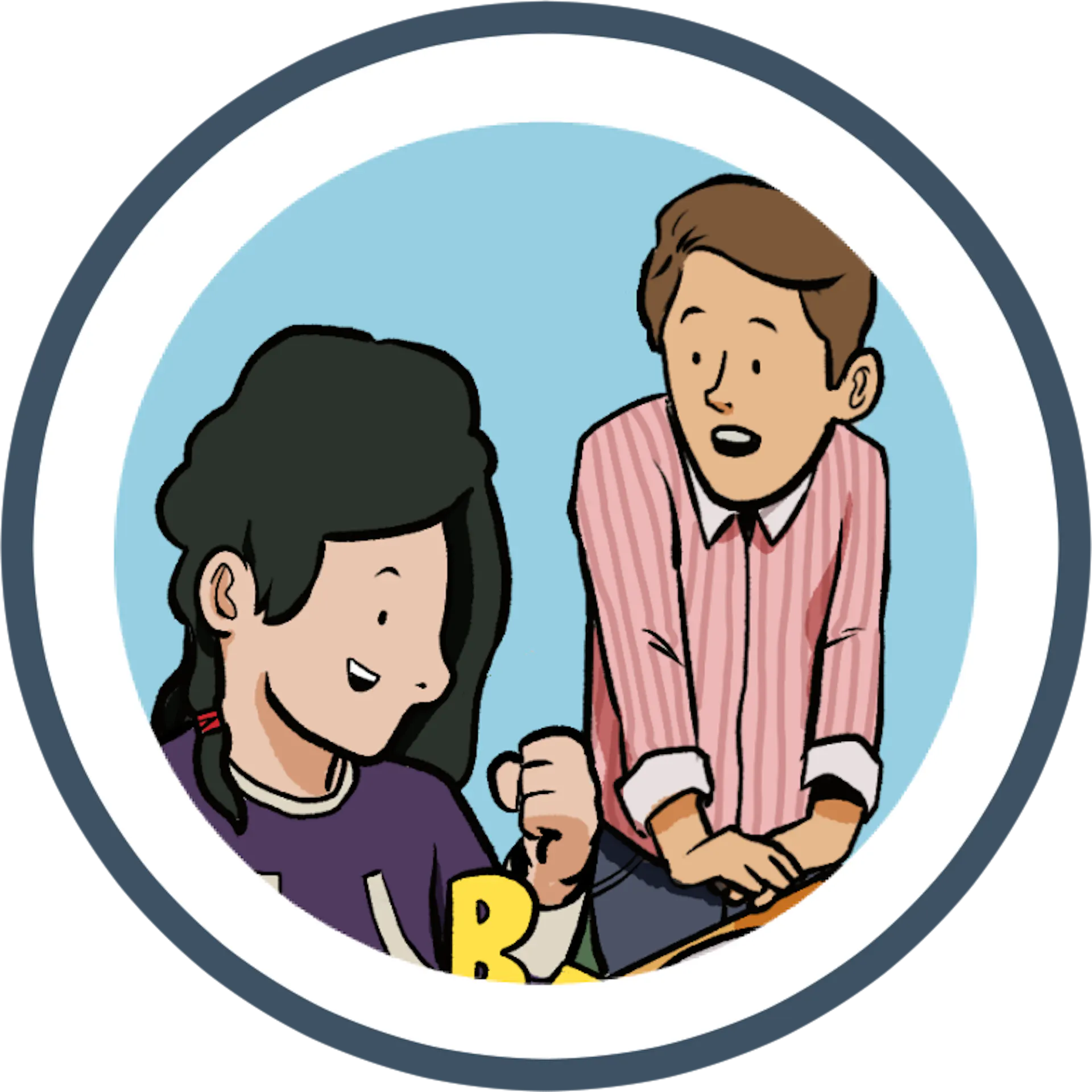 An illustration of  woman with long hair smiles and raises her fist in excitement, while a man in a striped shirt looks on with interest.