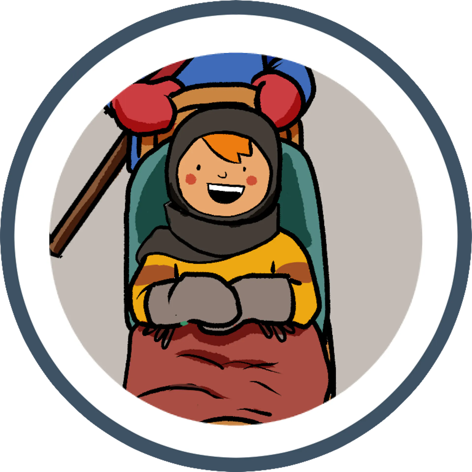 An illustration of a smiling child bundled in warm clothing sits in a sled, ready for a fun winter adventure, with gloved hands crossed.