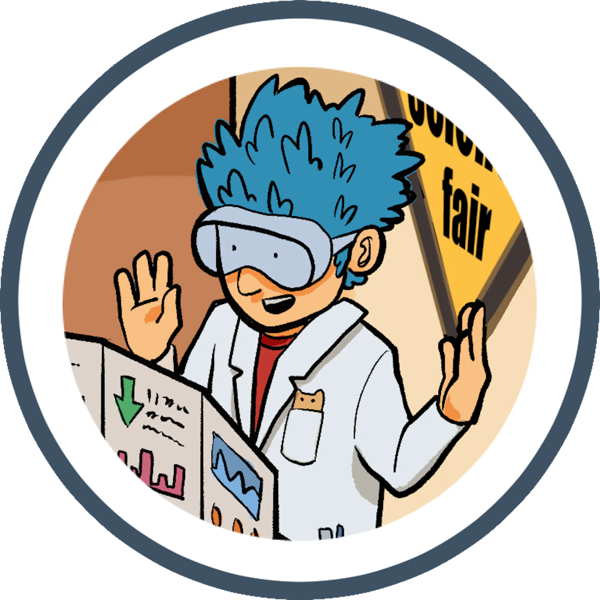 A cartoon scientist with blue spiky hair gestures while presenting charts and graphs at a colorful fair.