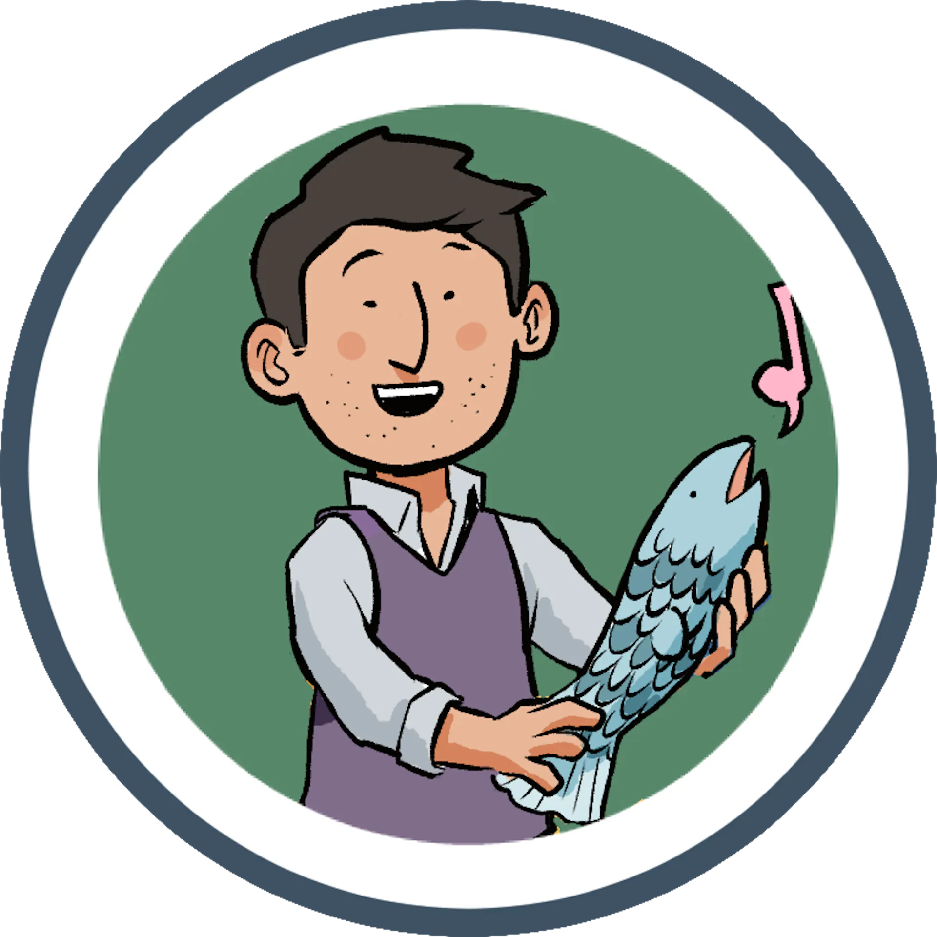 An illustration of a cheerful man in a vest holds a singing fish, smiling as musical notes float nearby, set against a green background.
