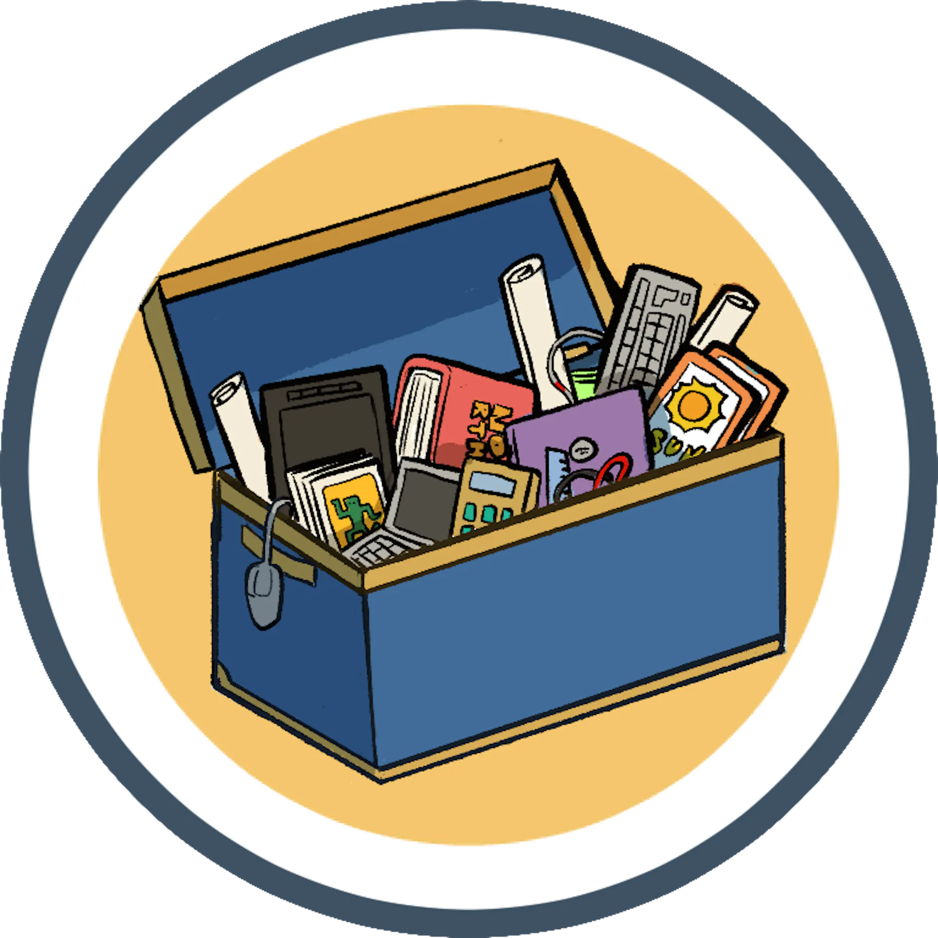 A cartoon-style open box overflowing with various books, papers, and electronic devices, set against a yellow background.