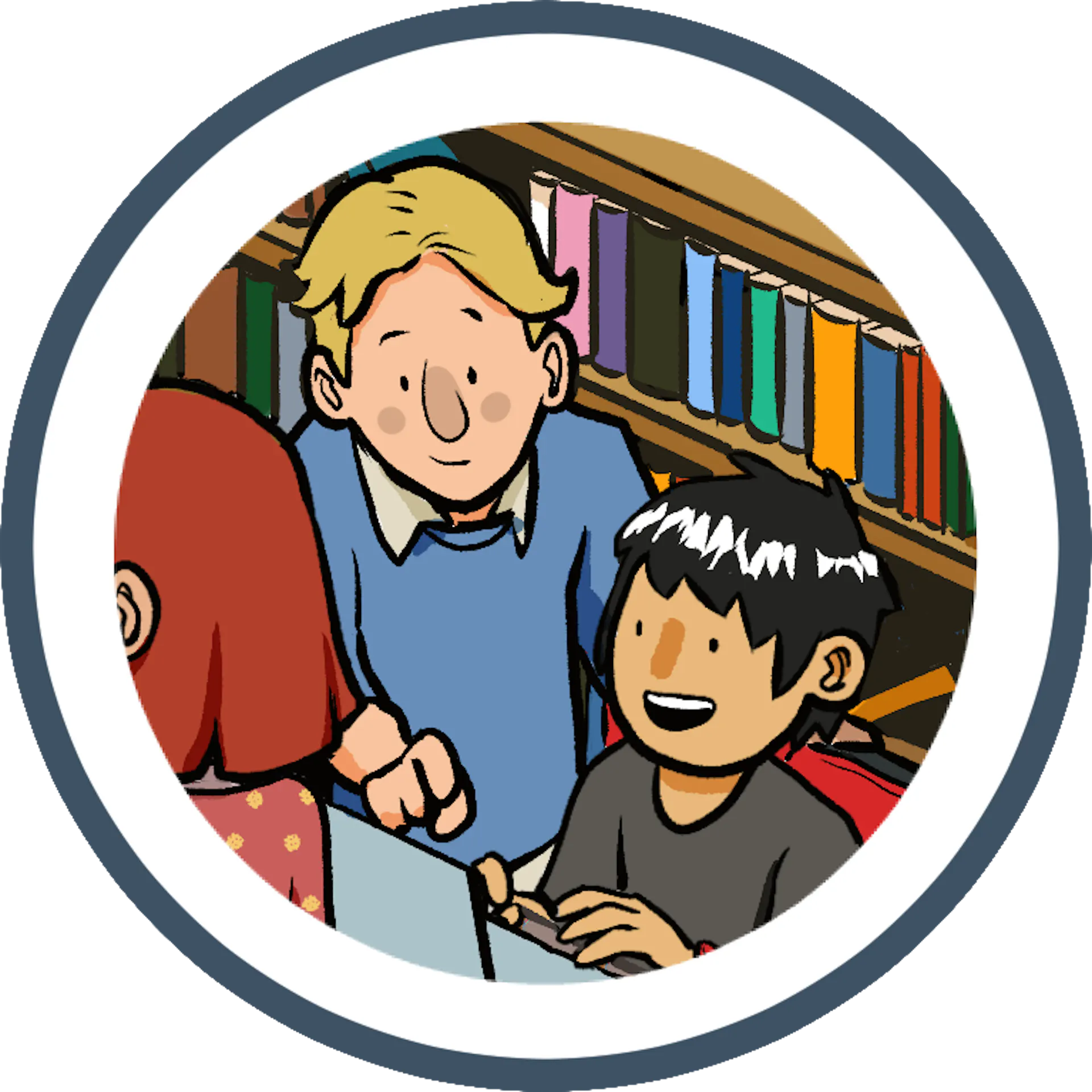 Three diverse students collaborate at a laptop in a library, surrounded by colorful books, sharing smiles and ideas.