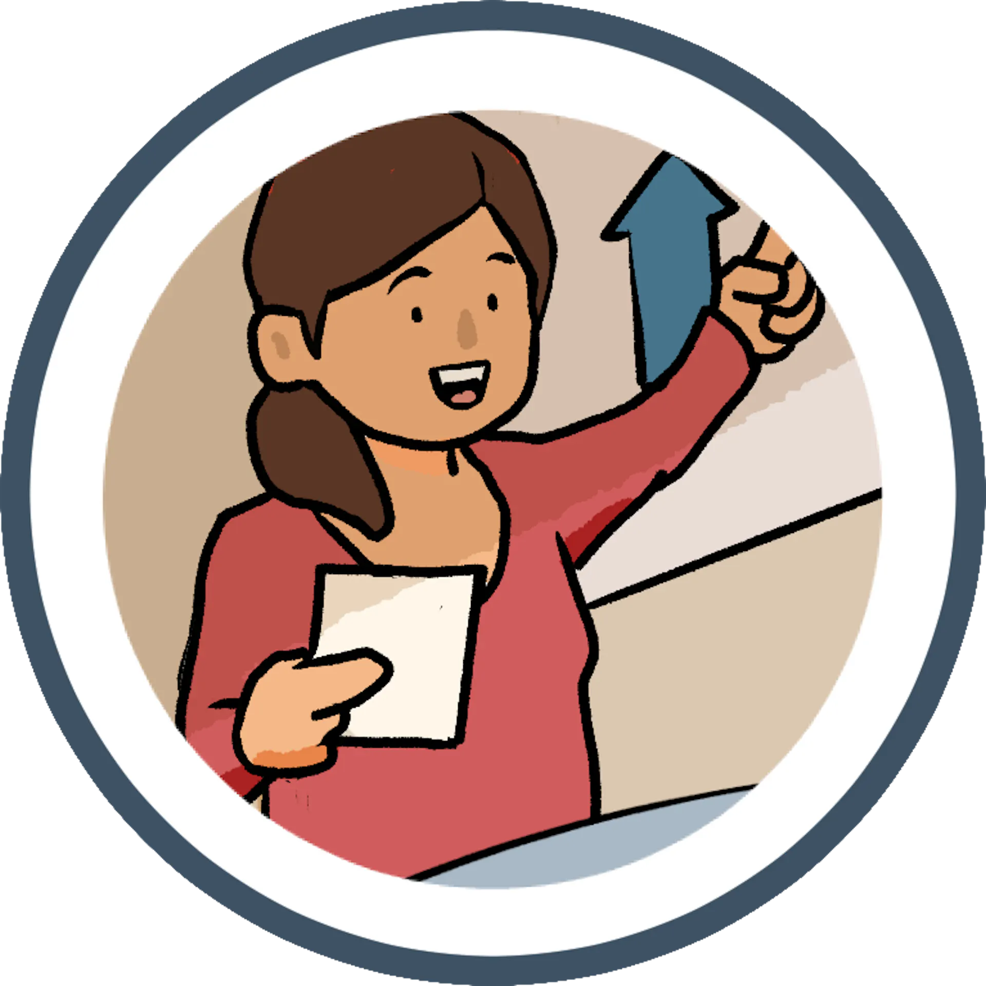 An illustration of a woman with brown hair joyfully raises her hand while holding a paper, contributing to a discussion or presentation.