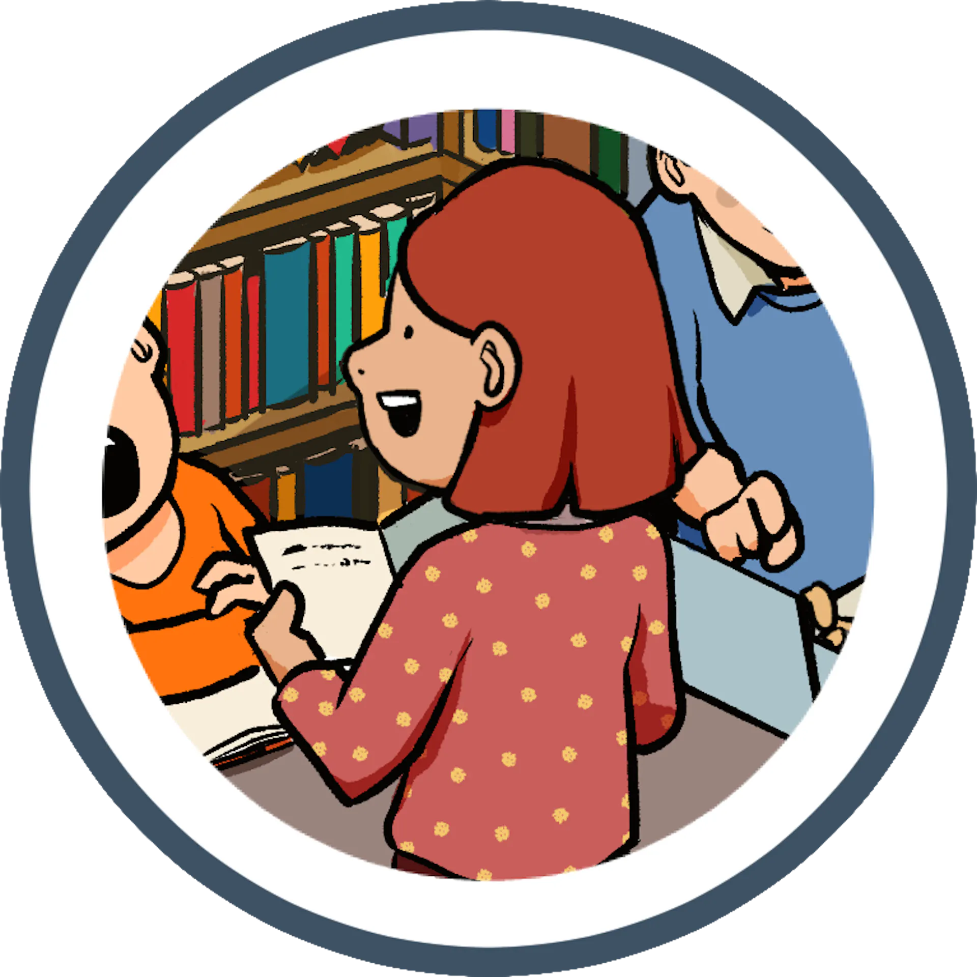 A girl with short red hair smiles as she holds a book, chatting with two other children in a colorful library.