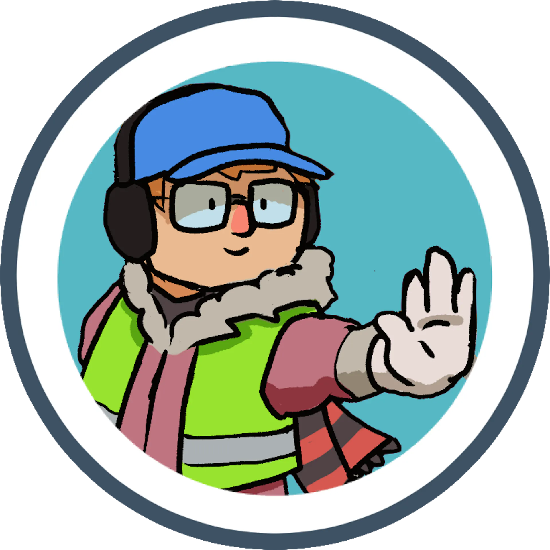A cartoon character wearing a blue cap and headphones, dressed in a colorful winter outfit, gestures with an open hand against a teal background.