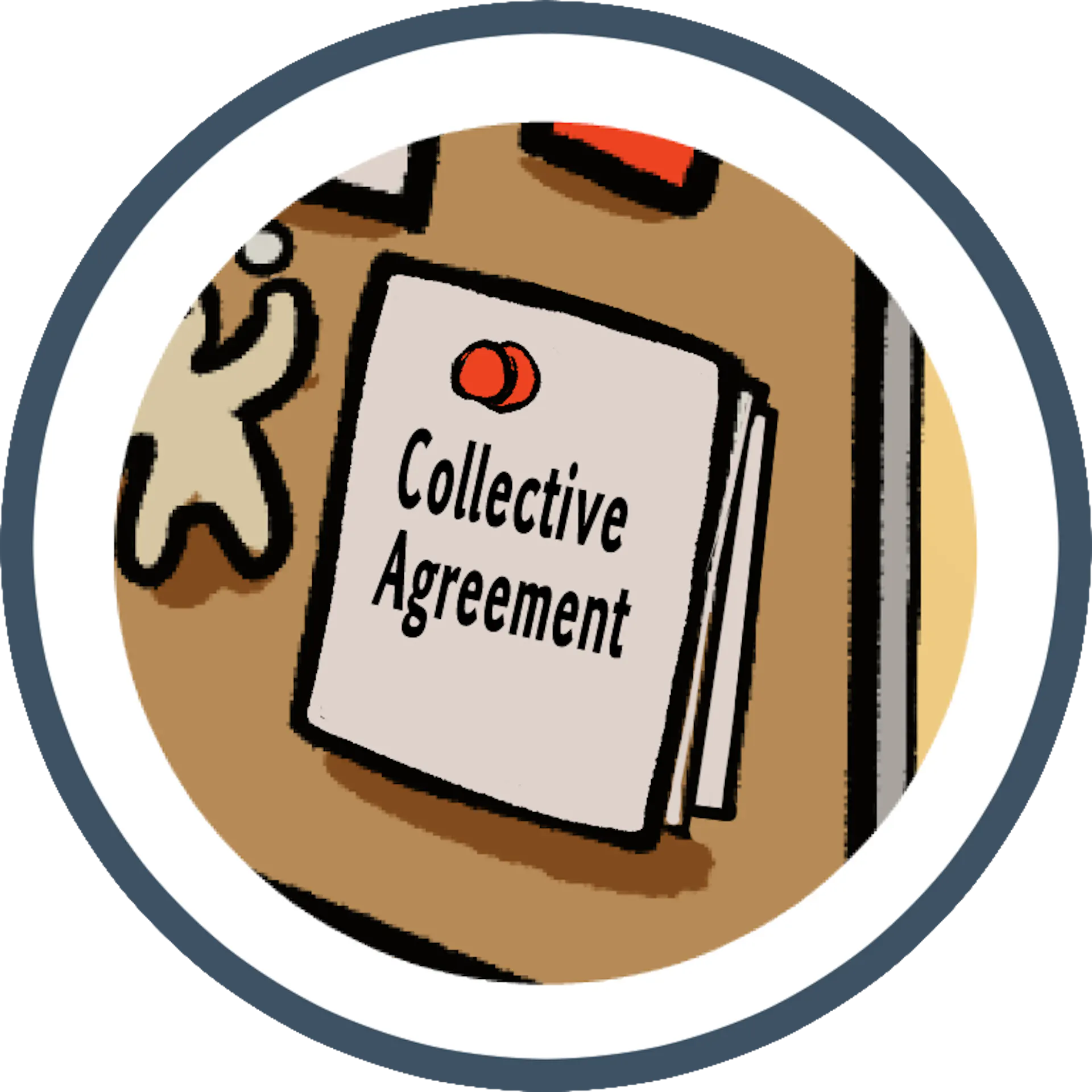 A cartoon-style illustration of a booklet titled "Collective Agreement" on a bulletin board, featuring a red dot icon.