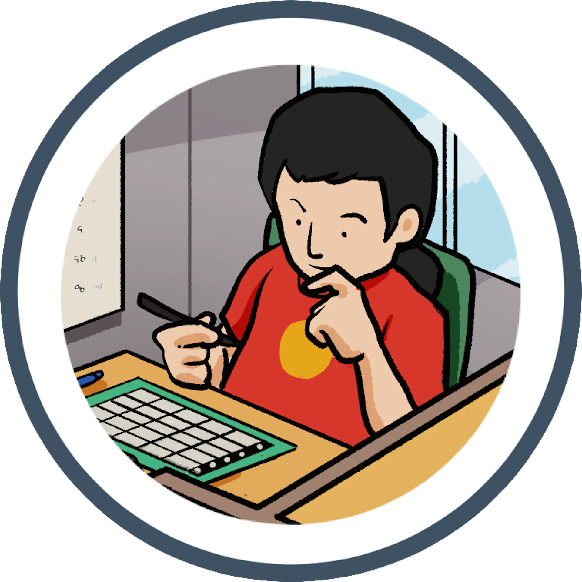 A illustration of a focused young boy in a red shirt sits at a desk, thoughtfully holding a pencil over a grid of notes and charts.