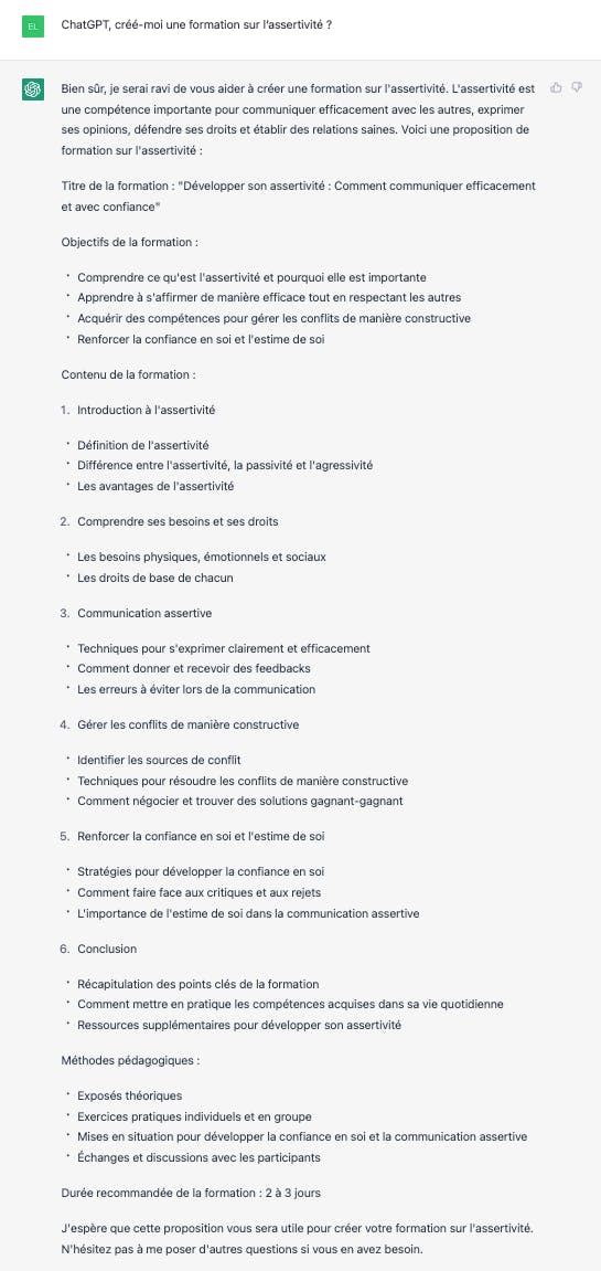 Question 2 : ChatGPT, créé-moi une formation sur l’assertivité ?