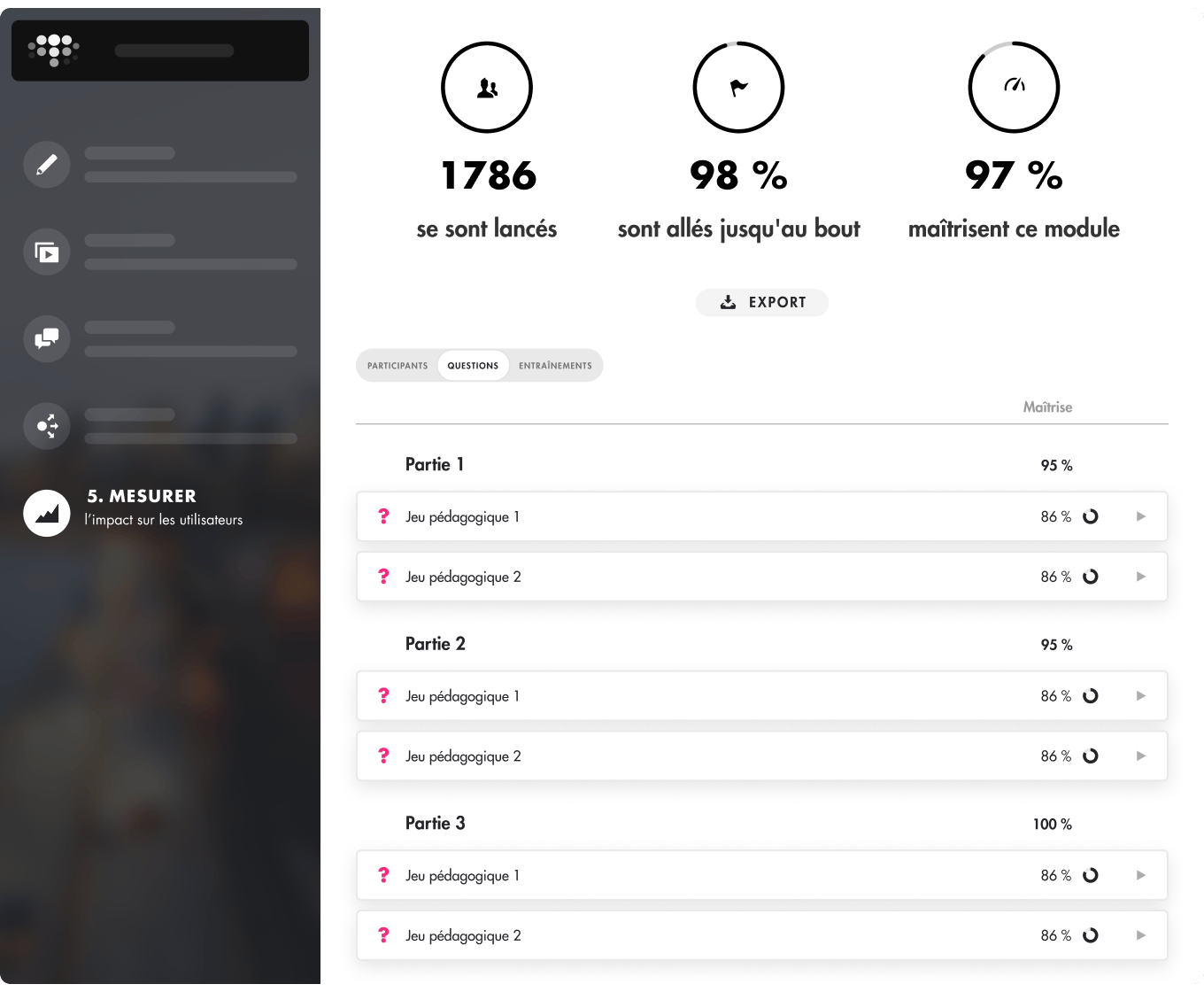 Dashboard des jeux pédagogiques sur Teach Up
