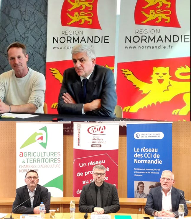 En haut, Alexandre Wahl, directeur d'AD Normandie et Hervé Morin Président de la Région Normandie © Radio France - Philippe Thomas - En bas, Thierry LIGER, conseiller régional délégué en charge des entreprises en difficultés, Christophe DORE, Président CMA Normandie, Gilles TREUIL, Président CCI Normandie, Jean Louis BELLOCHE, Vice Président de la Chambre Régionale d’Agriculture de Normandie (en visio).