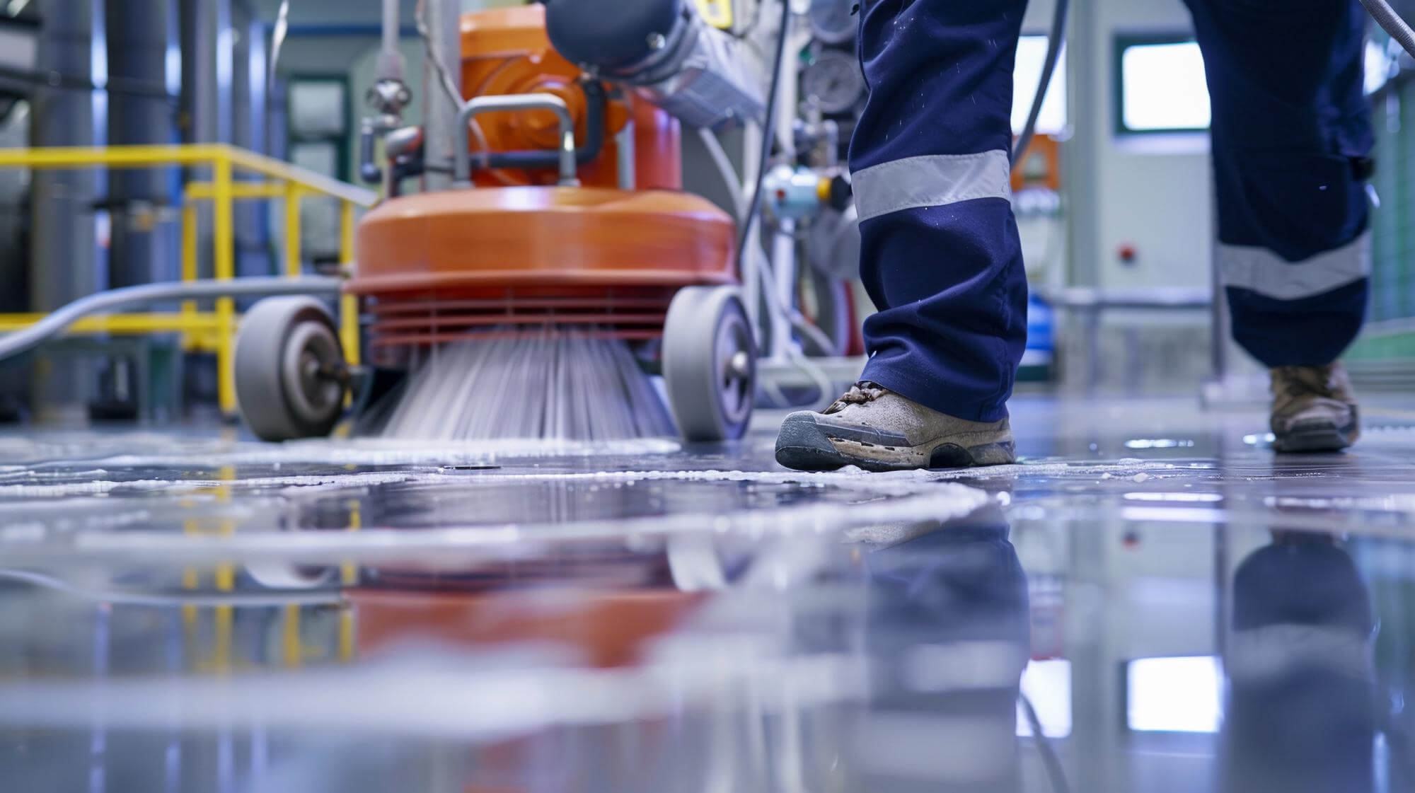 Kehrmaschine im Einsatz bei der Hallenreinigung auf einem nassen Industrieboden