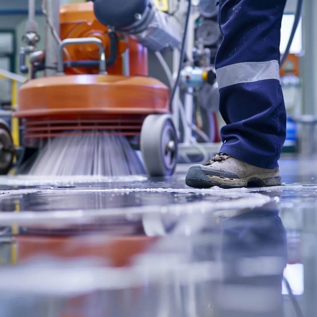 Kehrmaschine im Einsatz bei der Hallenreinigung auf einem nassen Industrieboden