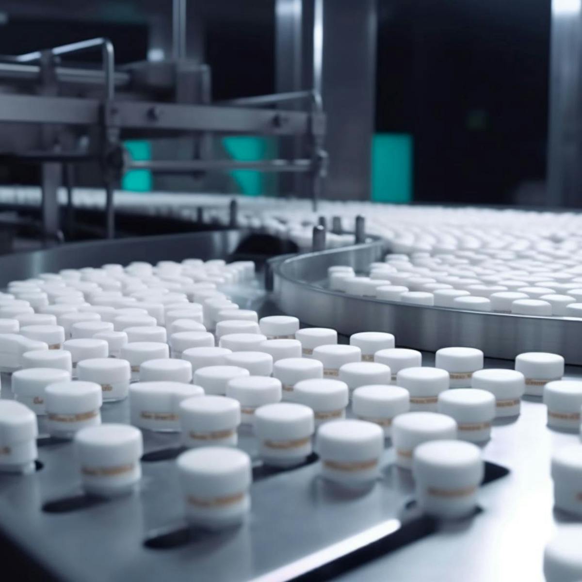 Pharma-Produktion auf modernem Förderband – weiße Tablettenbehälter mit Deckel laufen automatisiert durch eine Abfüllanlage. Symbol für Lohnabfüllung, Pharma-Logistik und effiziente Produktion in der Pharmaindustrie.