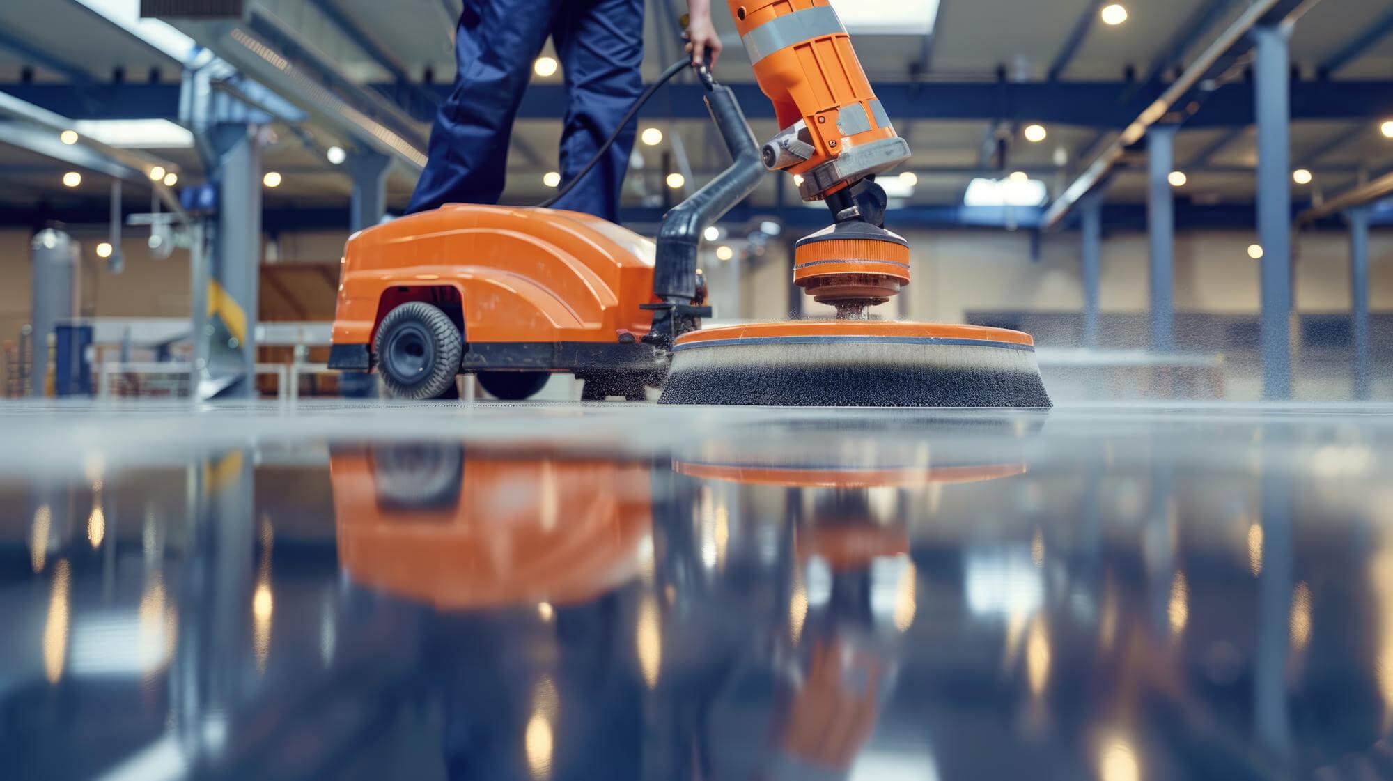 Scheuersaugmaschine bei der Industriebodenreinigung in einer Produktionshalle