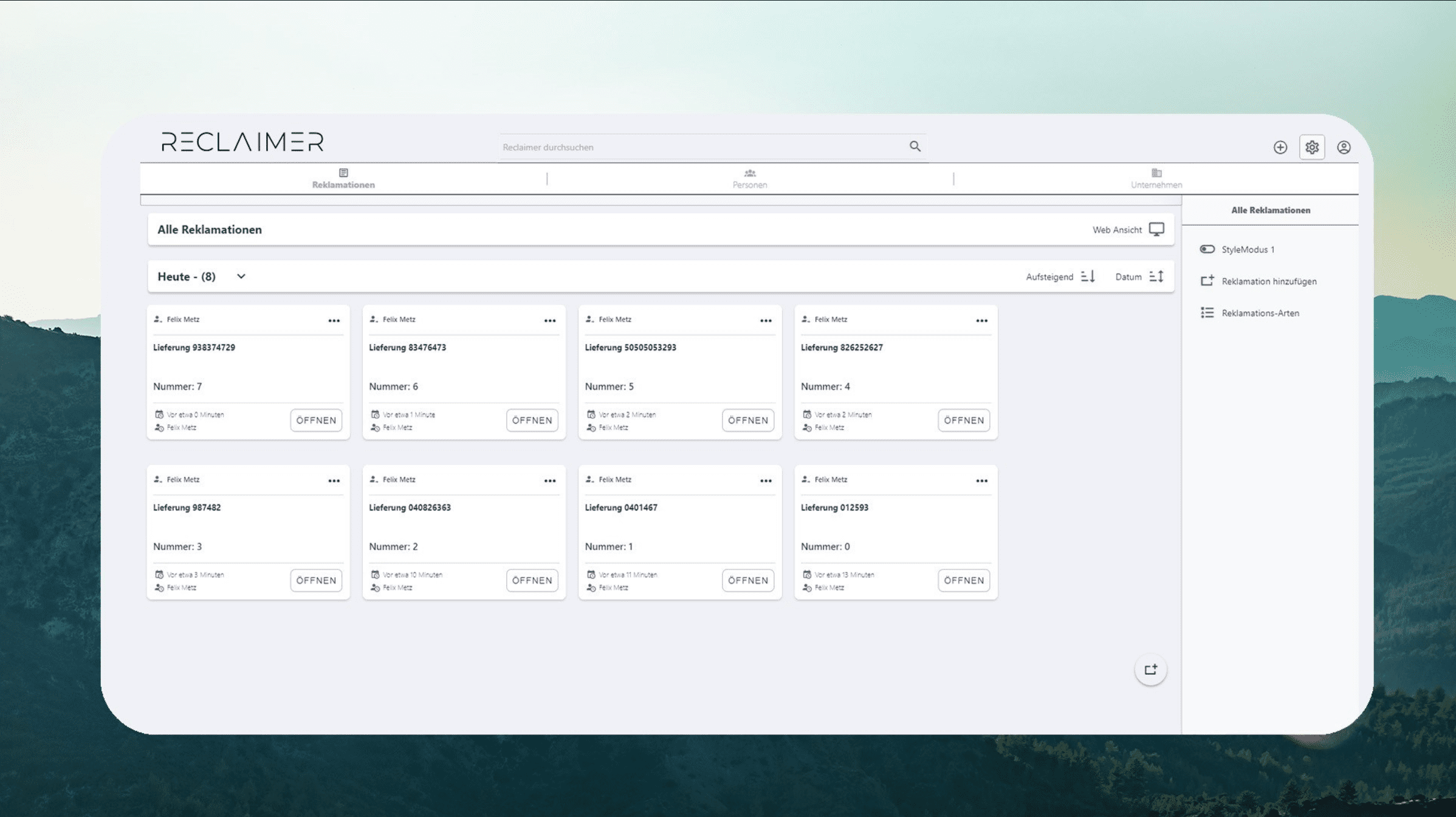 Reclaimer Übersicht Reklamationen