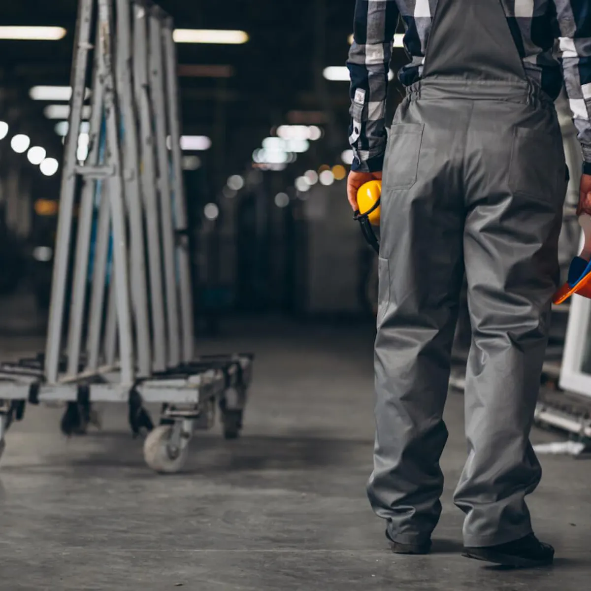 Mitarbeiter der Industriereinigung mit Schutzhelm und Gehörschutz in einer Produktionshalle