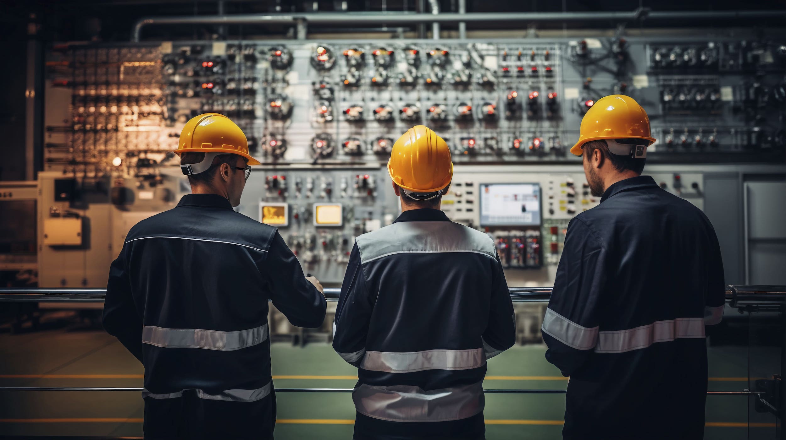 Techniker mit Schutzhelm überwachen eine elektrotechnische Schaltanlage in der Energietechnik – Outsourcing Lösungen von TEAMProjekt Outsourcing